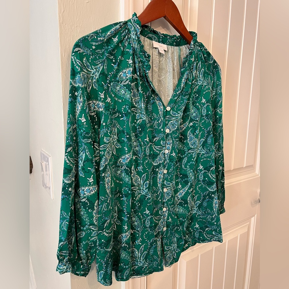 J. Jill Green Teal Paisley Button Front Boho Peasant Blouse Top Size Small - Picture 4 of 9